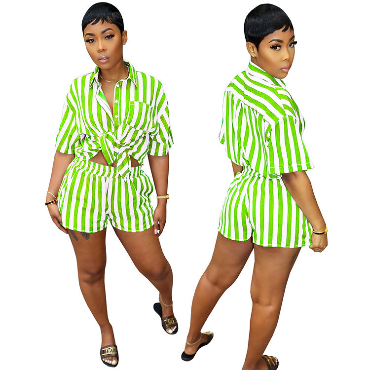 Women's Summer Fashion Stripe Print Set Loose Blouse Two Piece Set 11