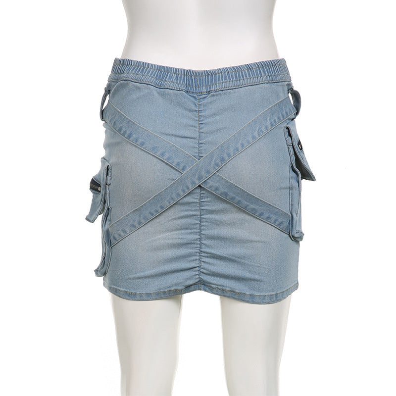Women Pocket Cross Denim Mini Skirt 13