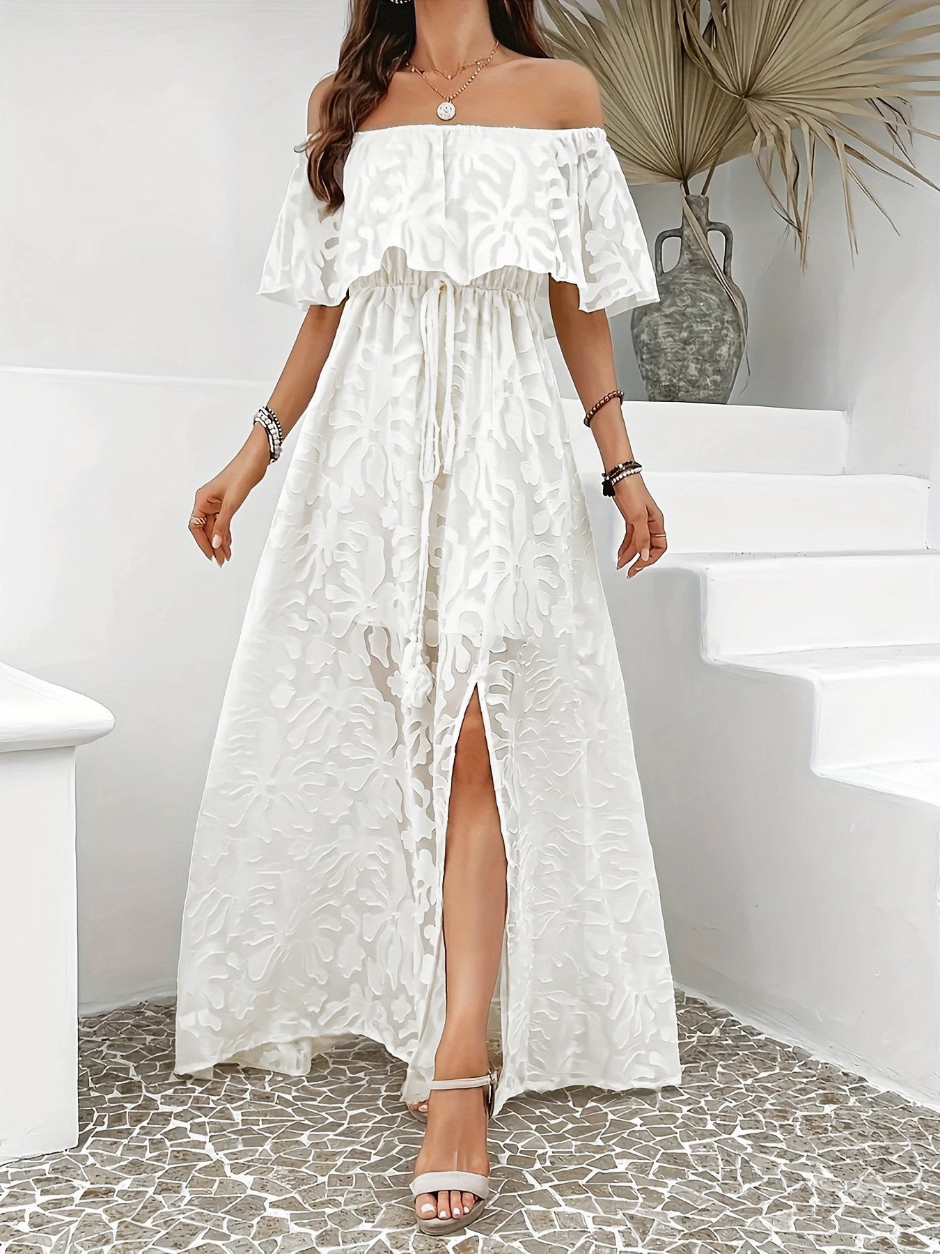 Elegant & Fashionable Off-Shoulder Jacquard Slit Maxi Dress 6