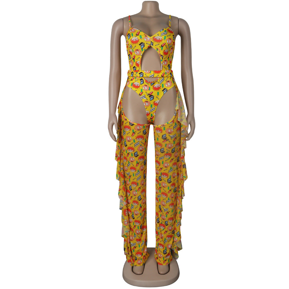 Sexy Women's Solid Color Printed One Piece Swimsuit Mesh Pants Two-Piece Set 27