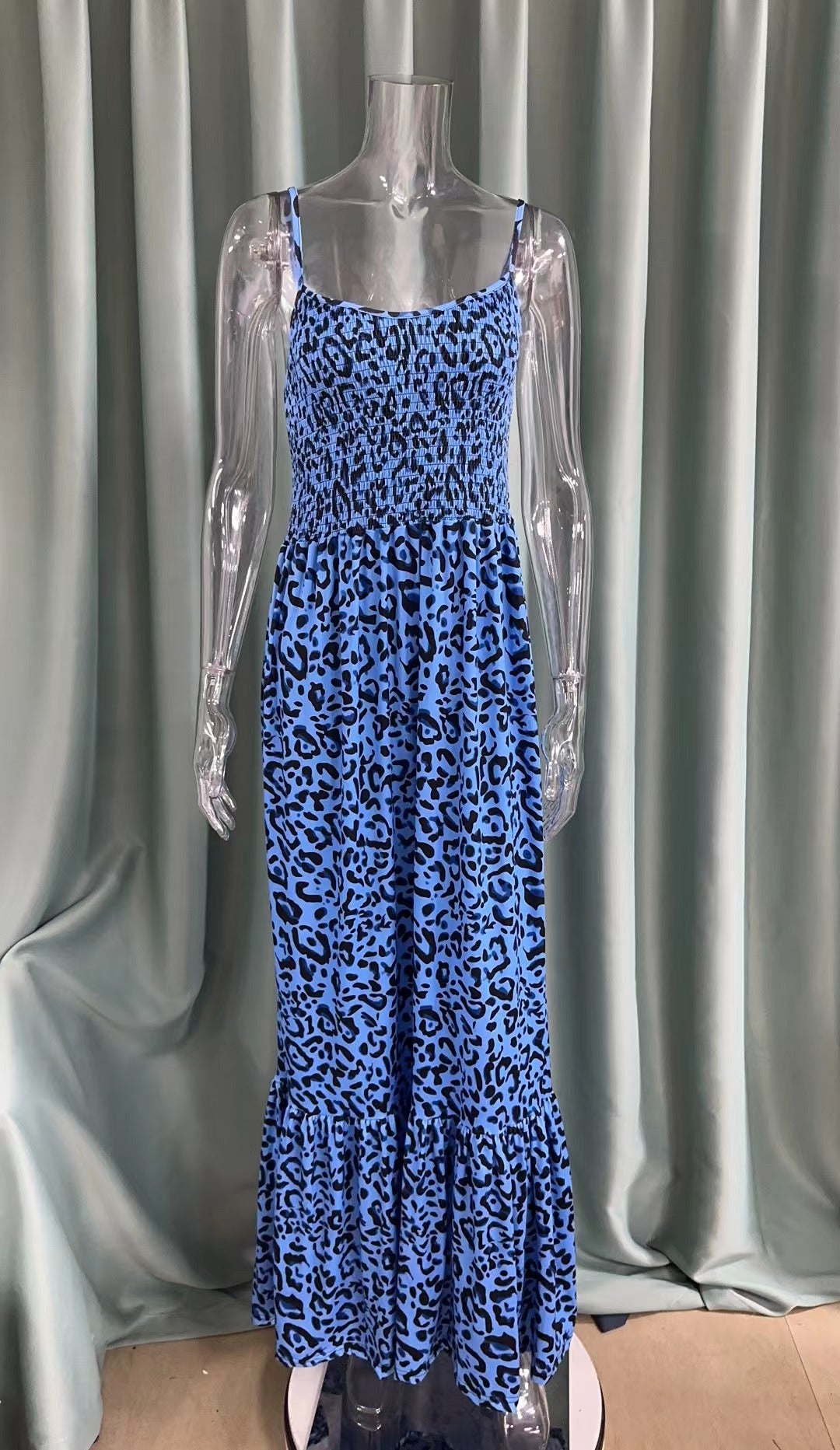 Summer Leopard Print V Neck Dress High Waist Sexy Chic Fashion Long Dress 22