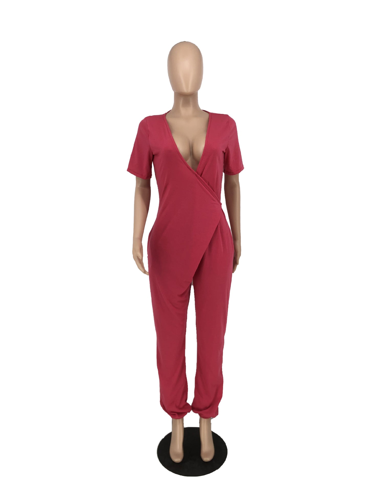 Women Solid V-Neck Short Sleeve Jumpsuit 10