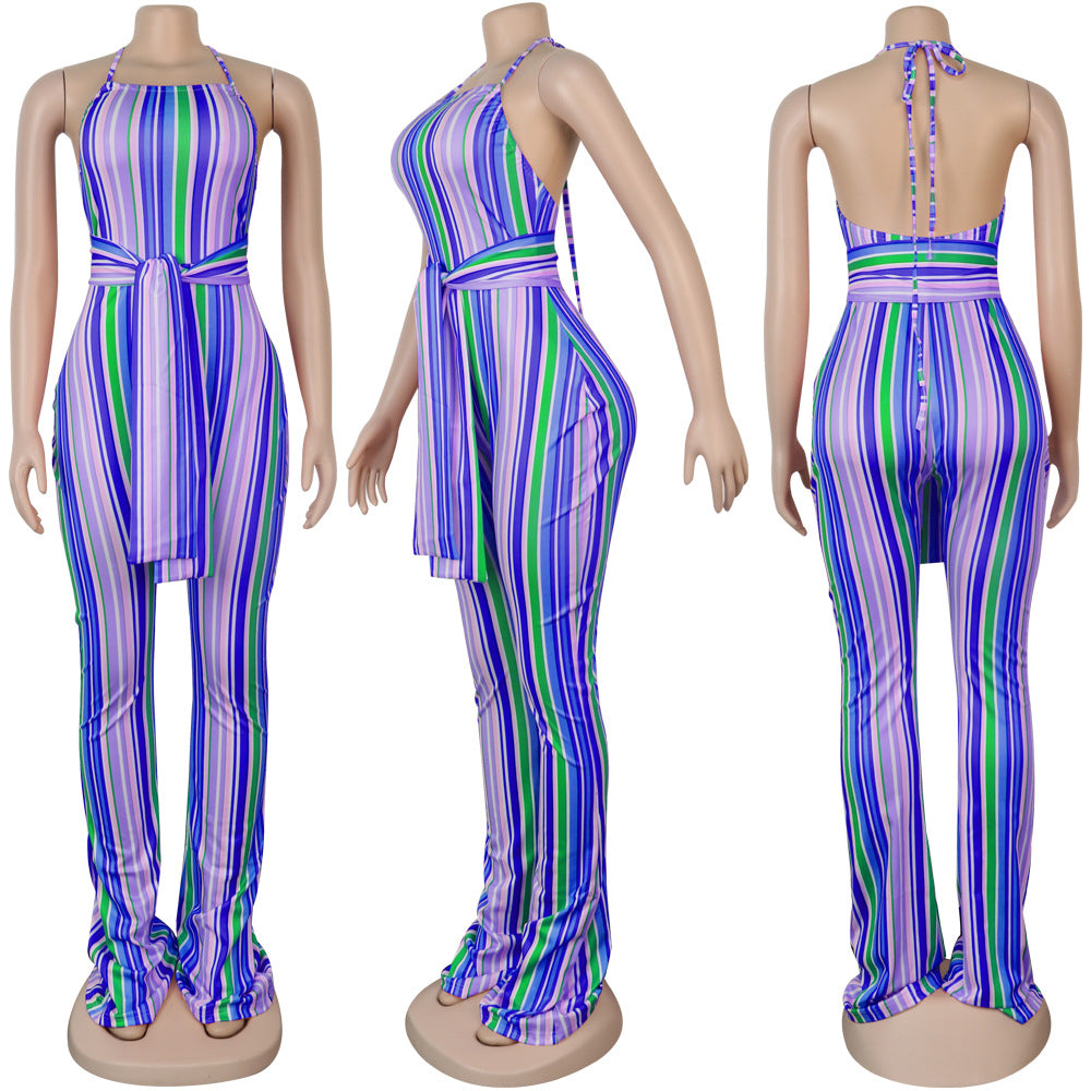 Multi-Color Striped Halter Neck Slim Fit Bell Bottom Women's Jumpsuit 17