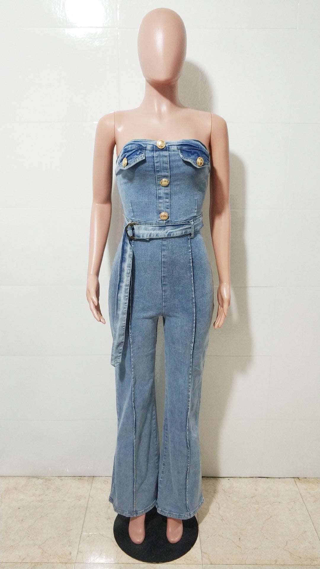 Women's Strapless Slim Waist Elastic Washed Denim Wide-Leg Jumpsuit 5