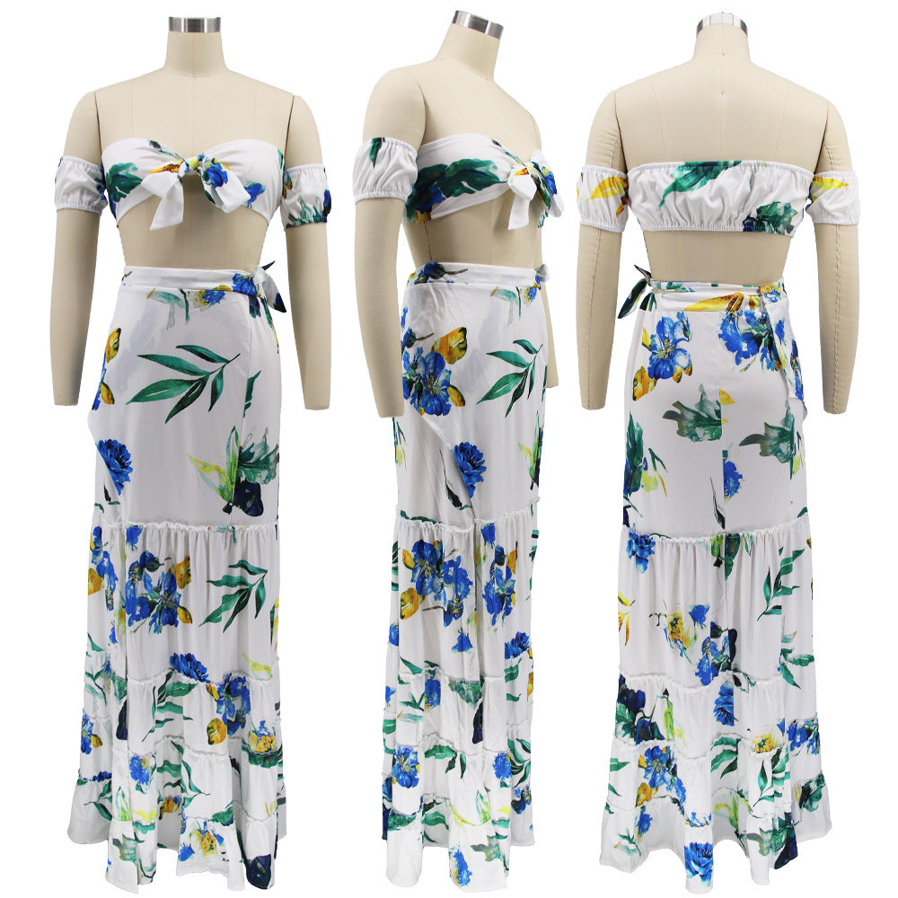 Women summer printed short-sleeved crop Top and slit Skirt sexy two-piece set 10