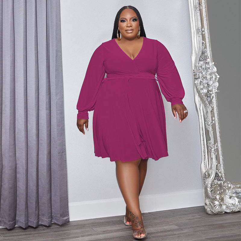 Women's Solid Color Cross V-Neck Belt Loose Knitting Plus Size Dress