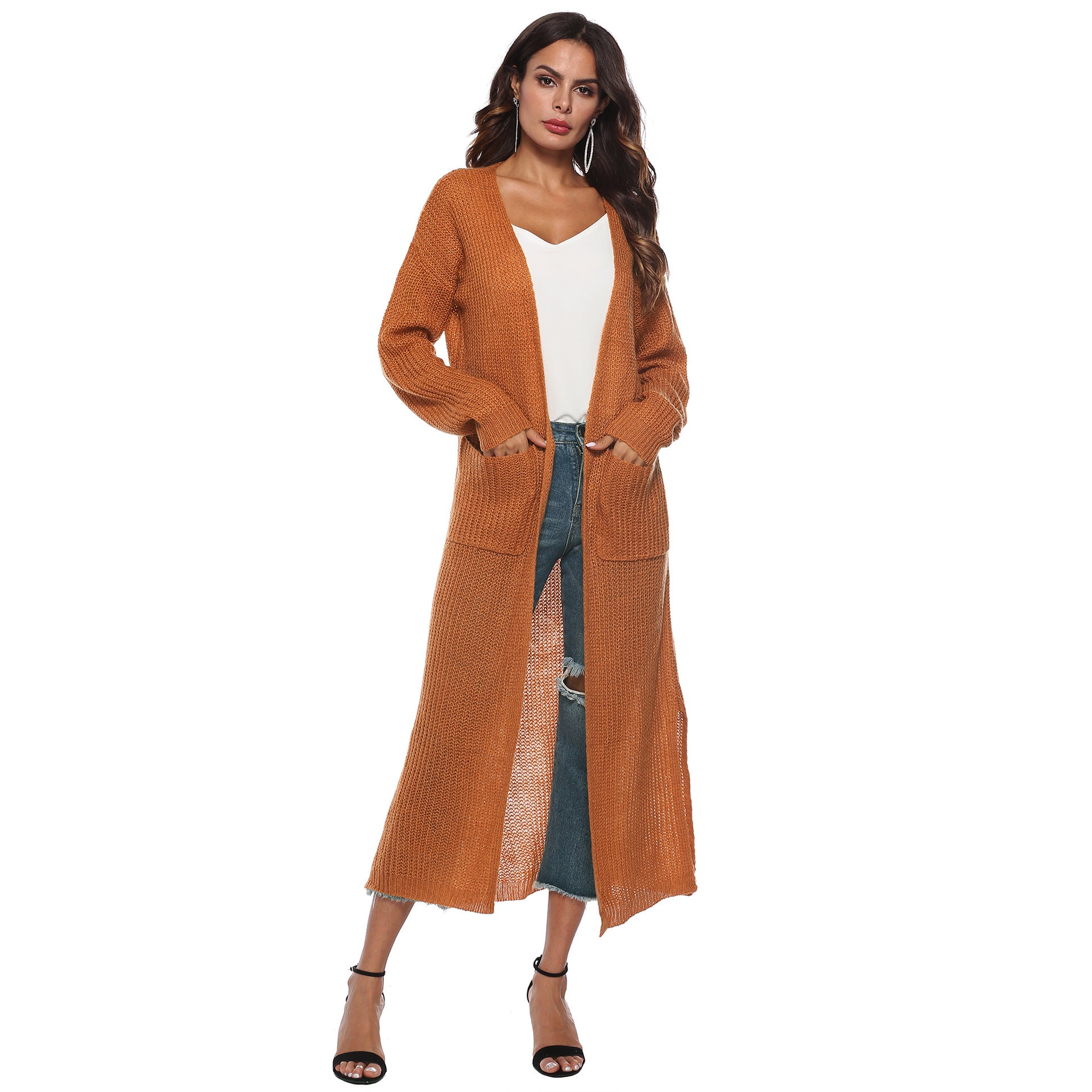 Women thin long coat with large pockets and slits 7