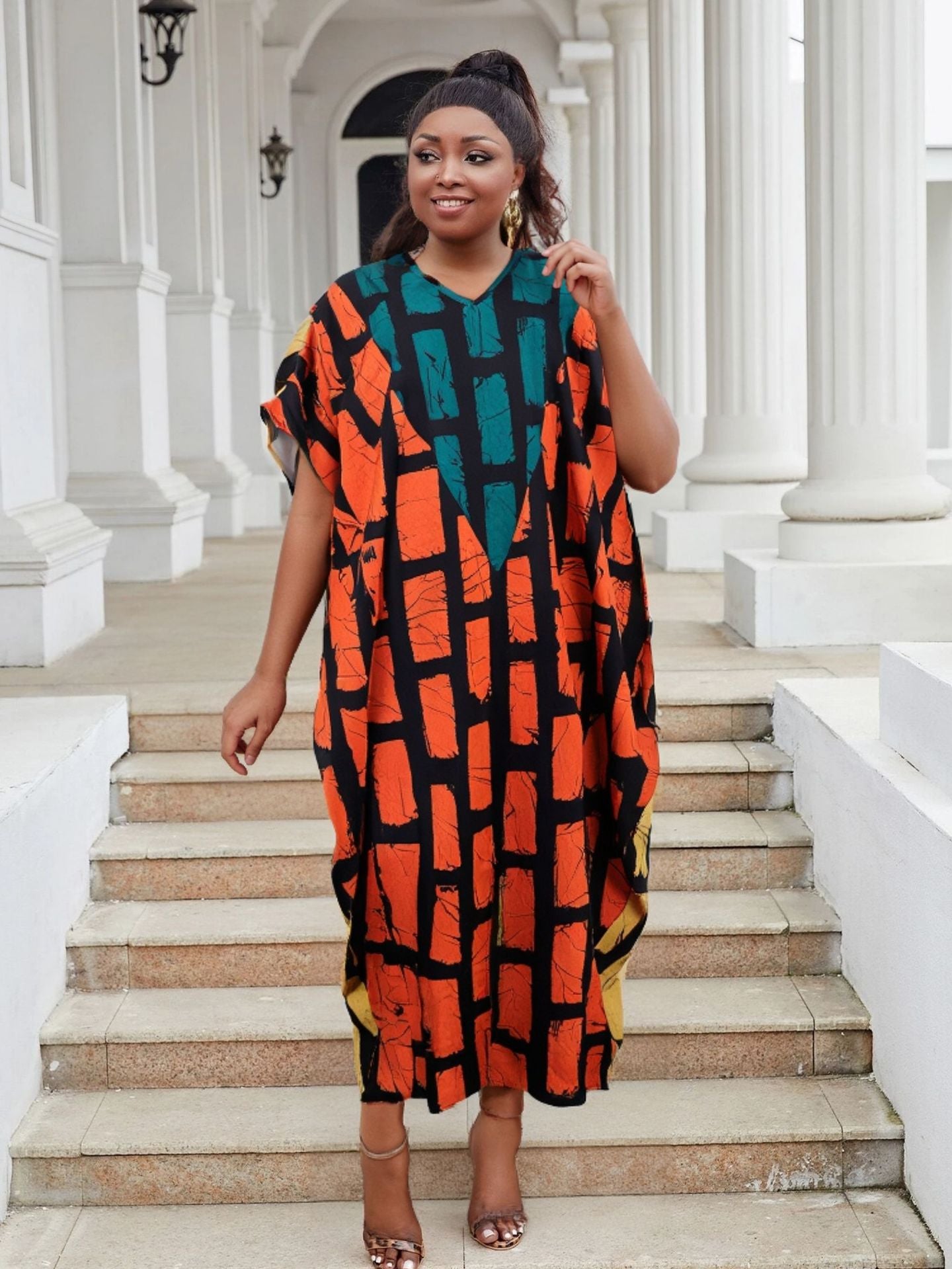 Plus Size Women Sexy Casual Patchwork Contrast Print Slit Dress 4