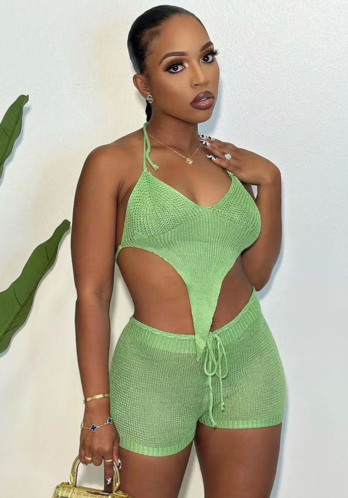Fashion sexy sleeveless knitting two piece shorts set