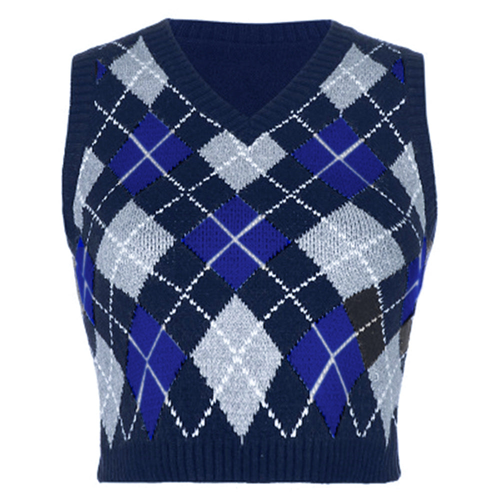 Women Solid Plaid Sleeveless V-Neck Sweater 29