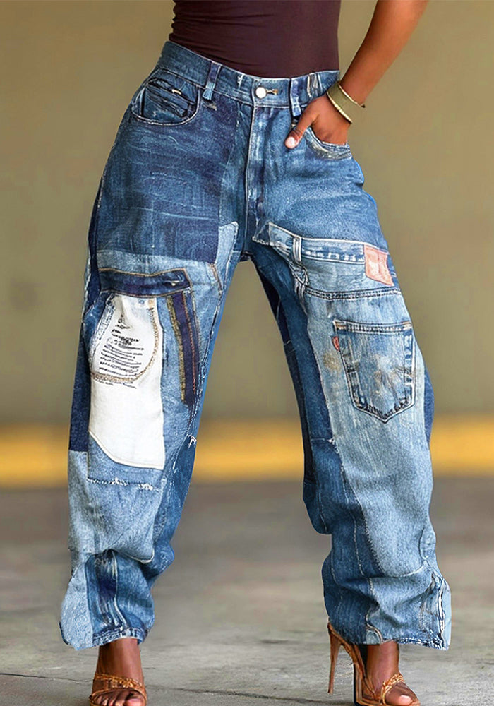Women's Patchwork Print Denim Pants
