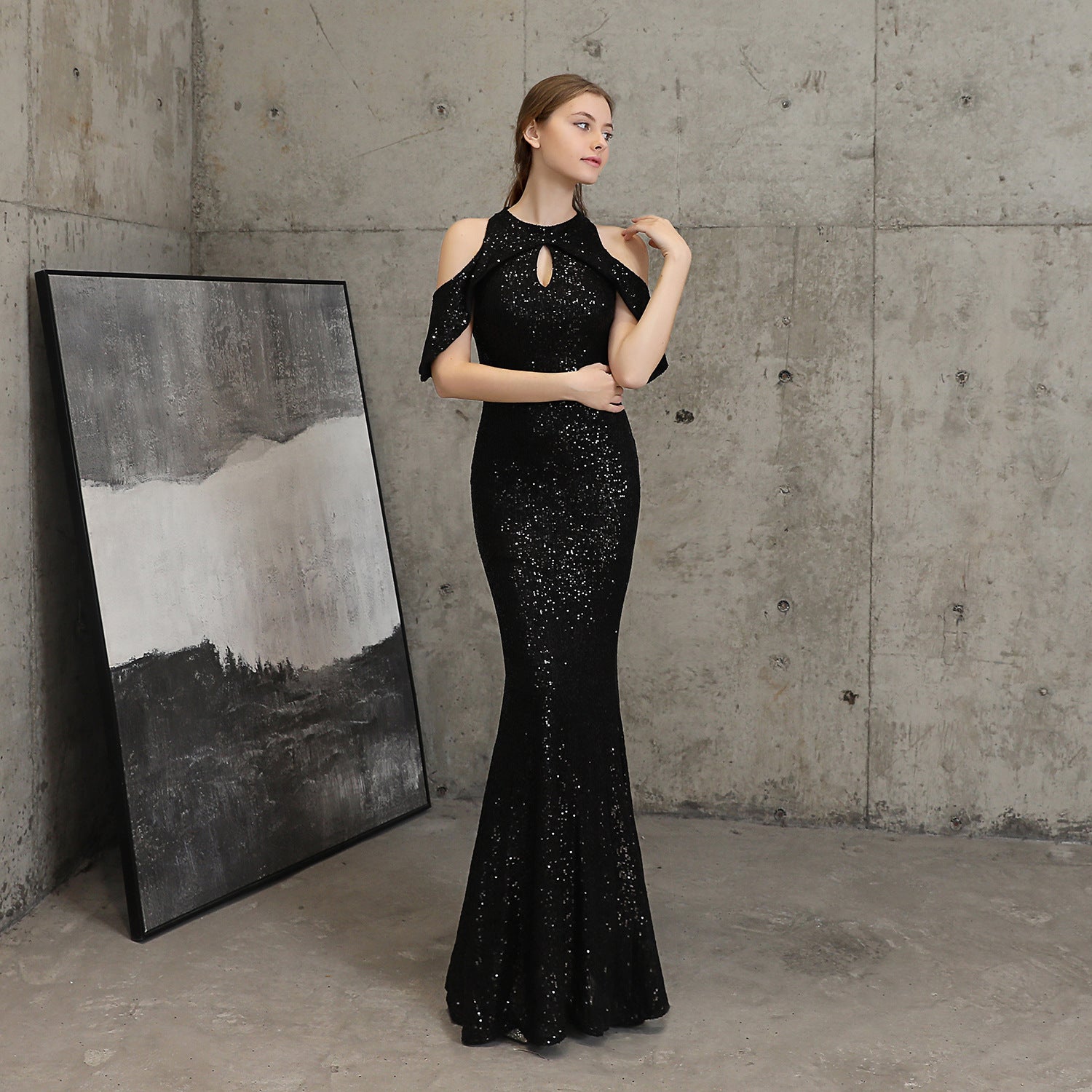 Women Elegant Long  Short Sleeve Sequins Fishtail Evening Dress 9