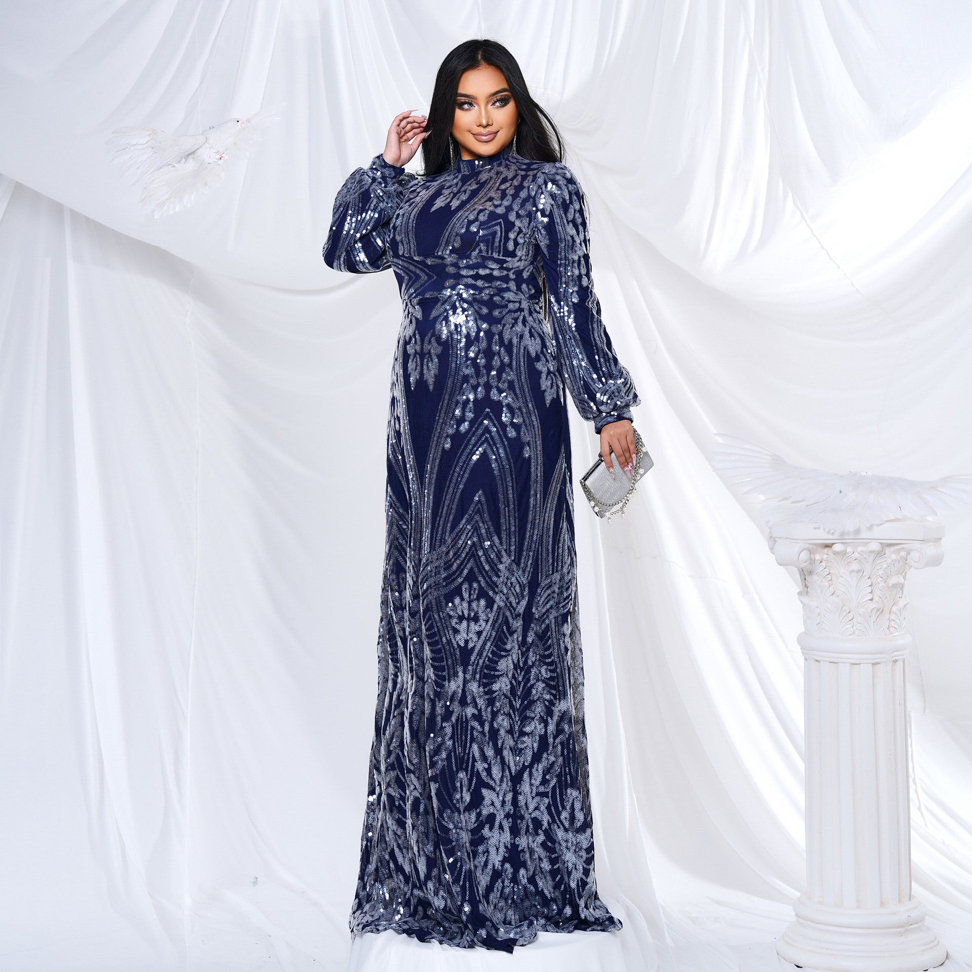 Plus Size Women Long Sleeve Round Neck Formal Party Sequin Maxi Evening Dress 5