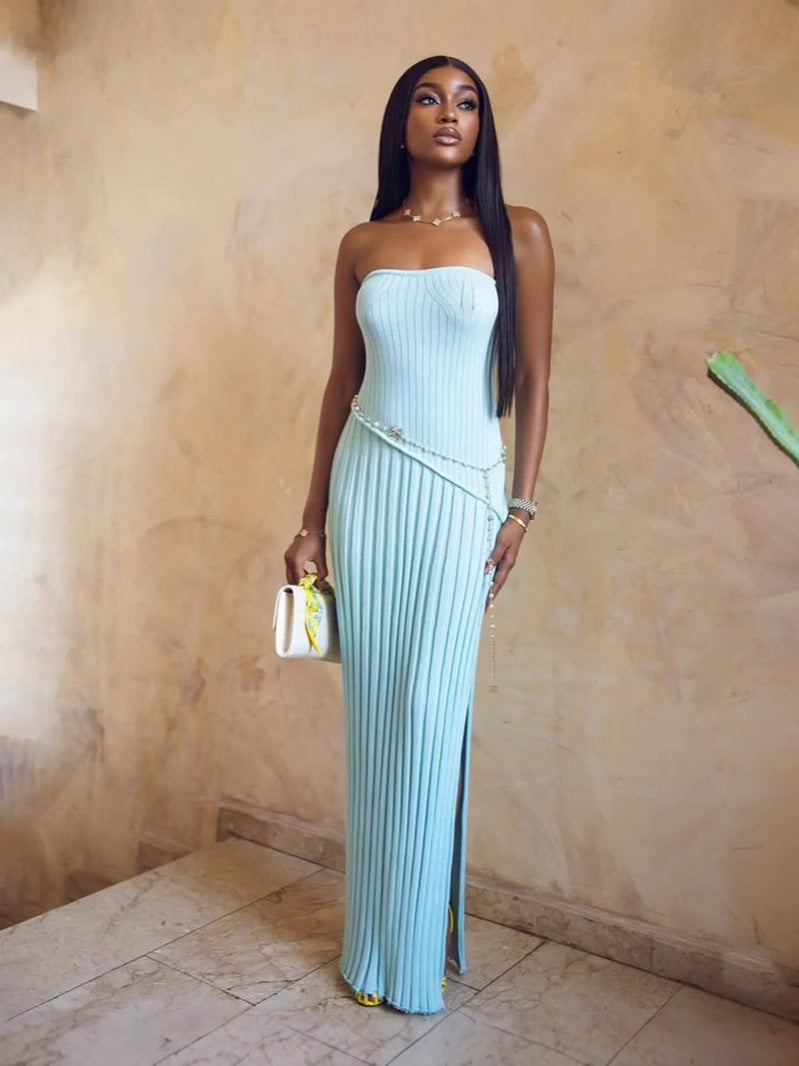 Women spring Summer Strapless twist flower split dress 5