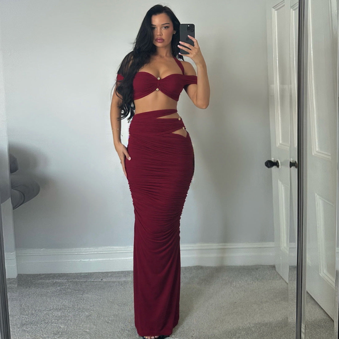 Summer Women's Sexy Halter Neck Off-Shoulder Sleeveless Top & Fitted Ruched Long Skirt Set 9