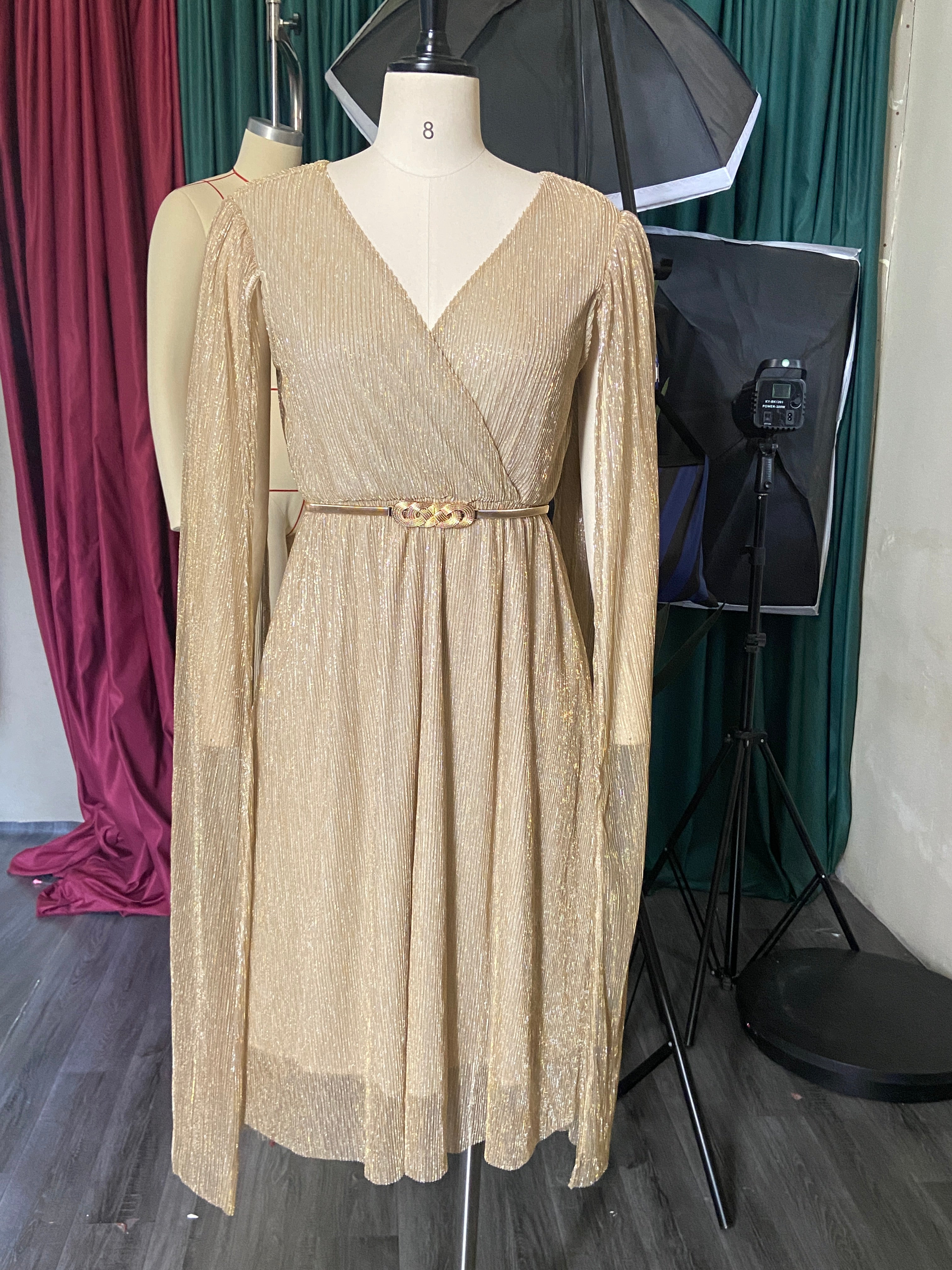 Belted V-Neck Chic Long Sleeve Cape Slim Waist Gown Dress 9