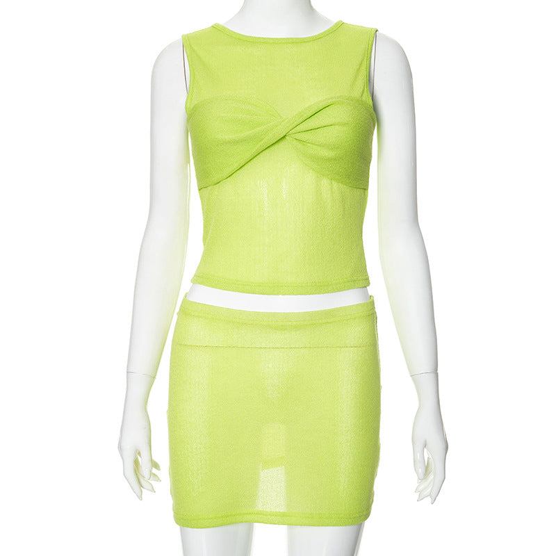 Women Summer Casual Solid Knot Sleeveless Tank Top And Bodycon Skirt Two-piece Set 6