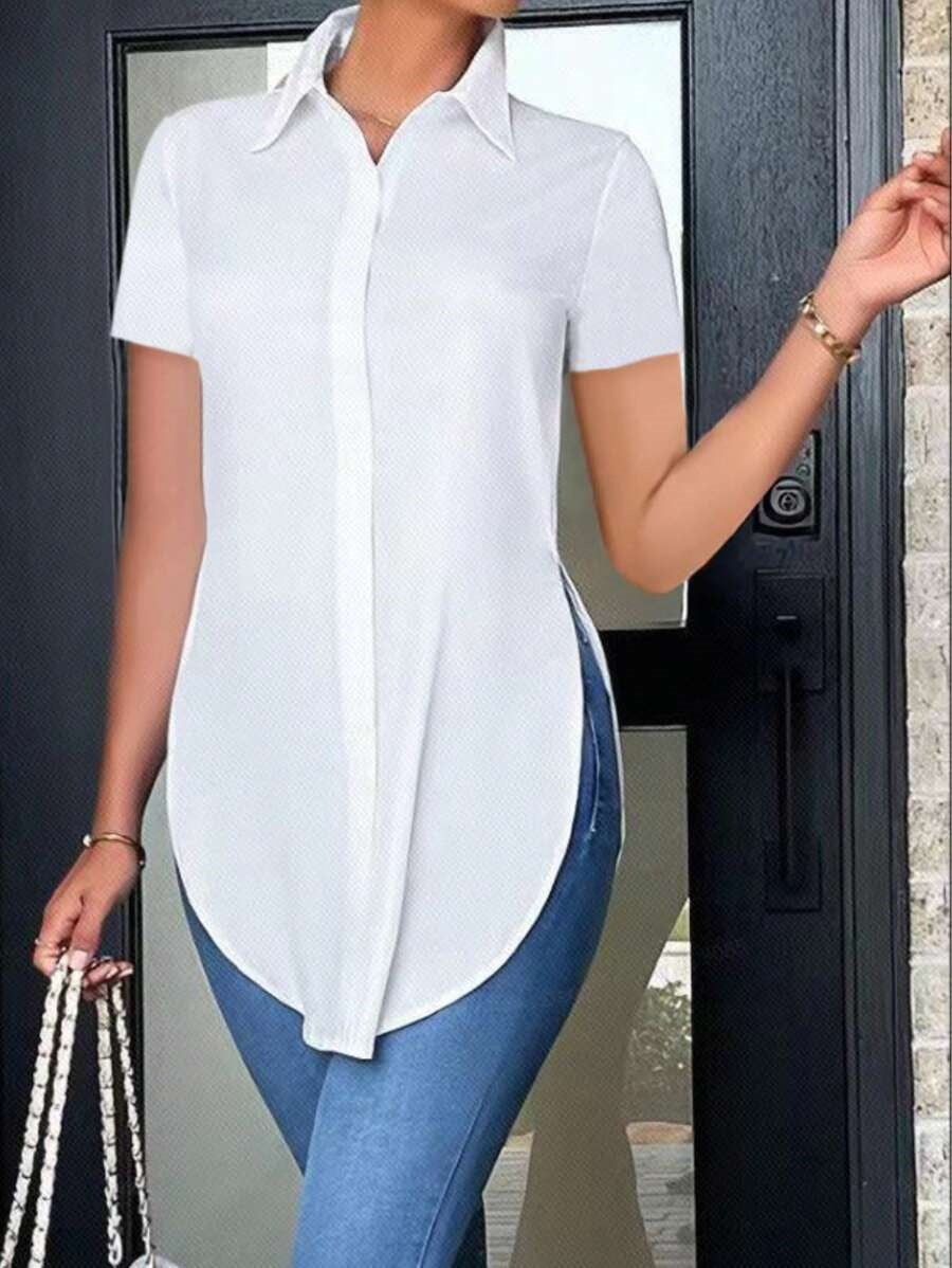 Summer fashion turndown collar ladies solid color short sleeve slim shirt