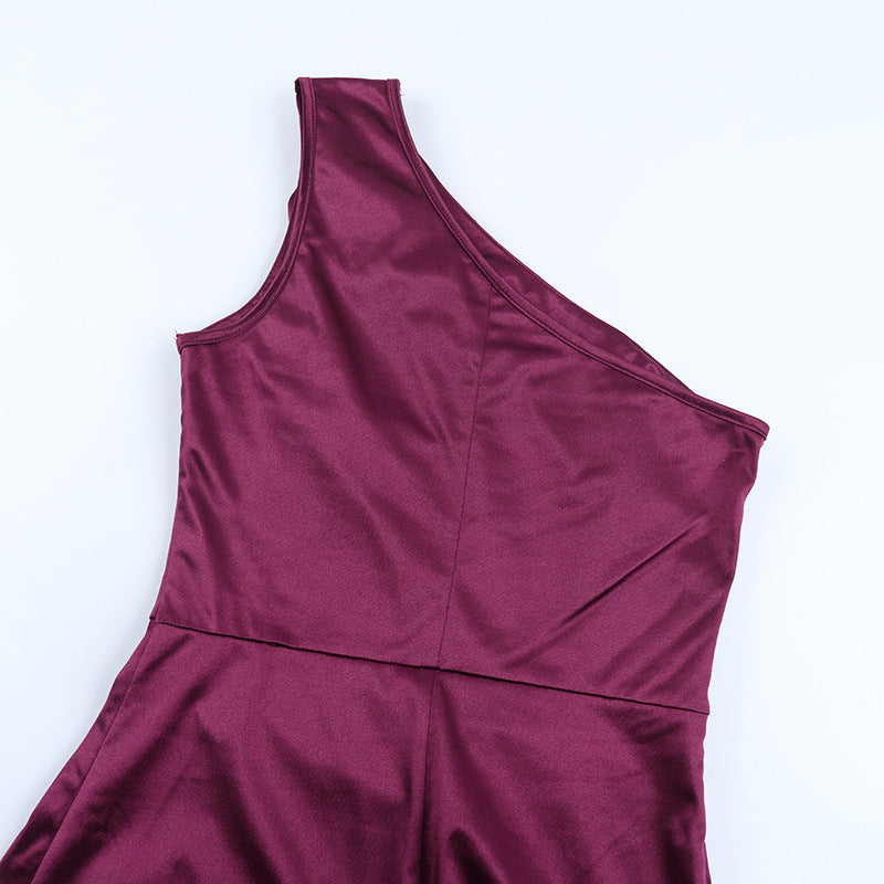 Women one-shoulder sexy slit satin dress dress 21
