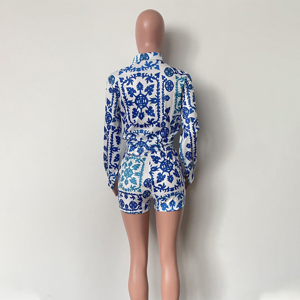 Women's Fashion Print Casual Long Sleeve Cardigan Shorts Pocket Two-Piece Set 11