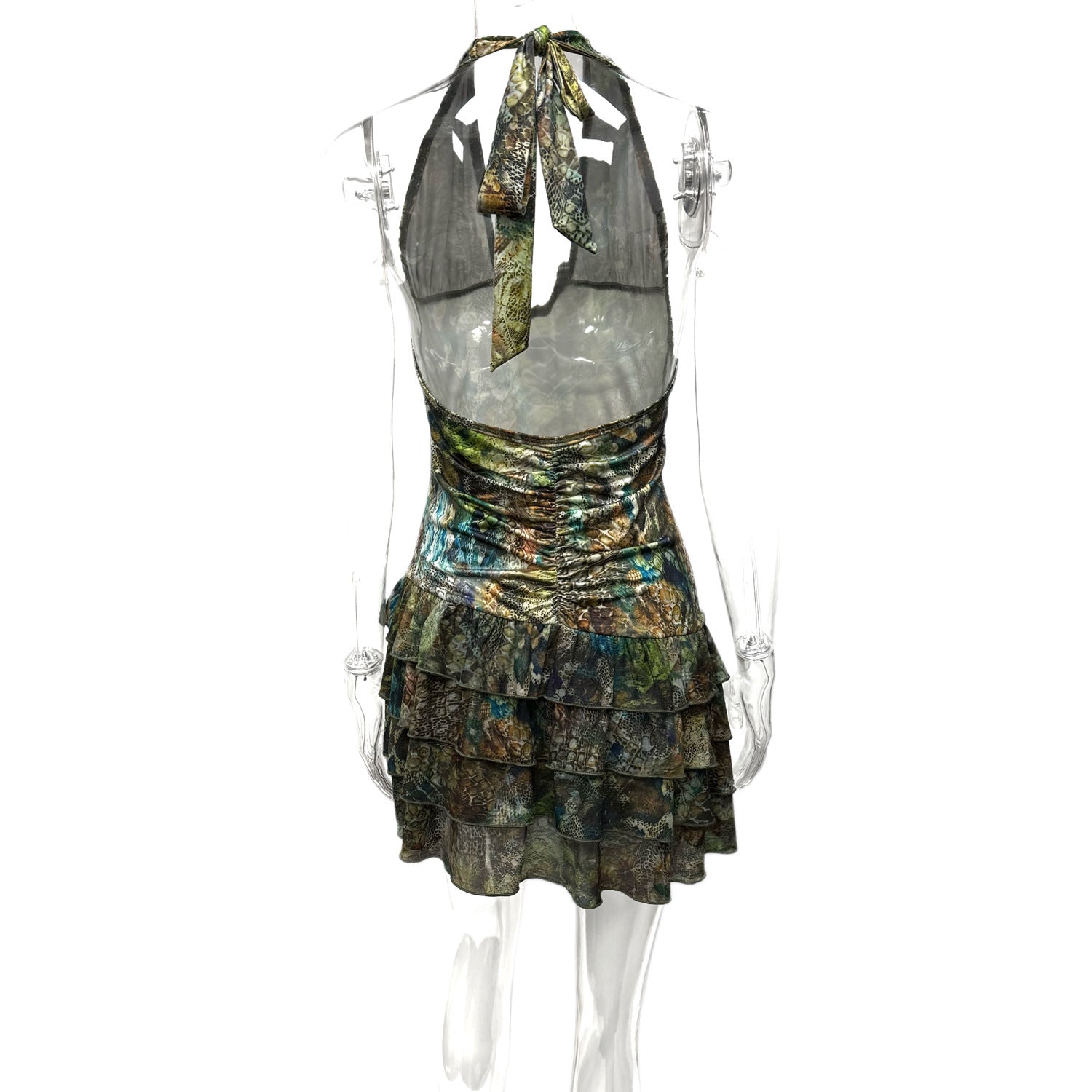 Women Summer Patchwork Ruffle Edge Irregular Backless Sexy Halter Neck Dress 7