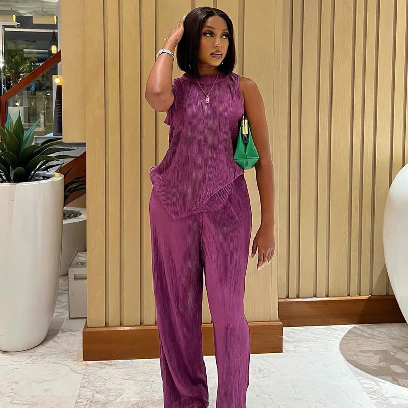 Summer Fashion Sleeveless Top Wide Leg Trousers Two-Piece African Suit Women's Wear 6