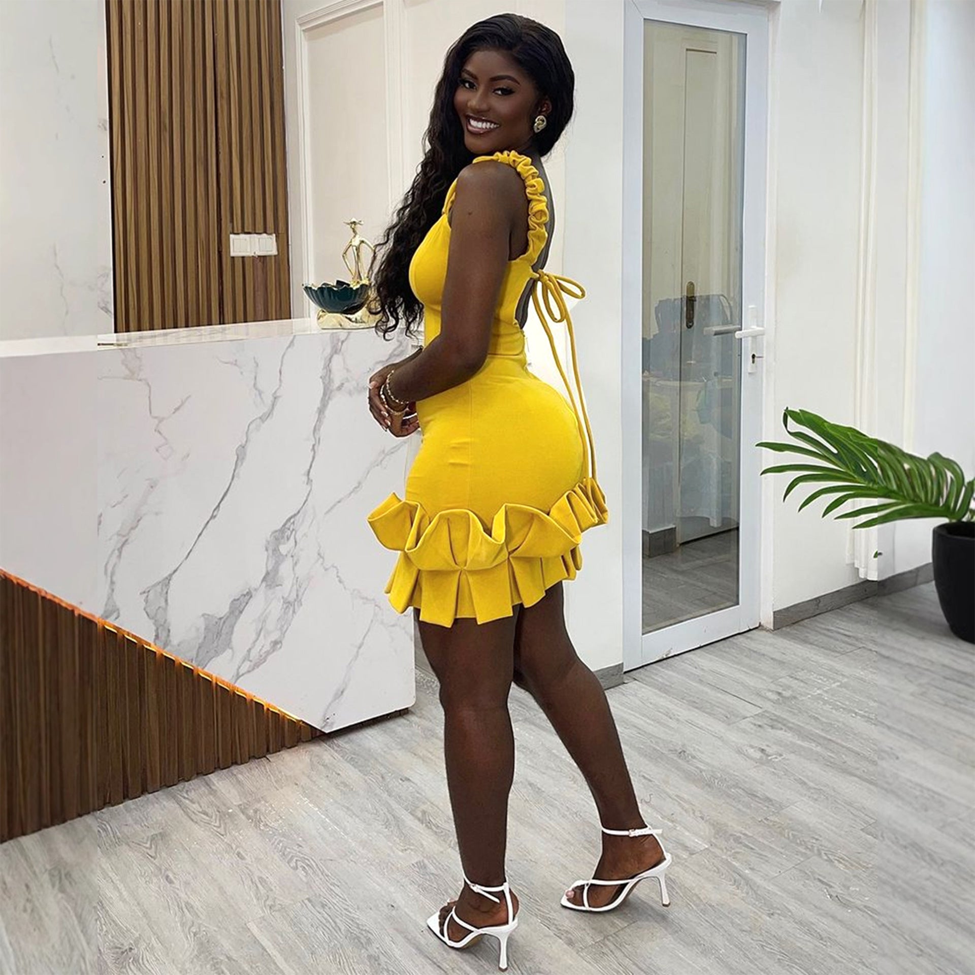 Women Pleated Lace Backless Bodycon Dress 3