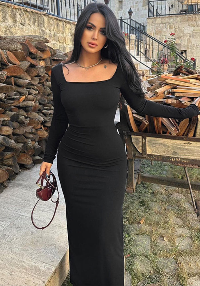 Women Winter Backless Lace Up U Neck Long Sleeve Dress