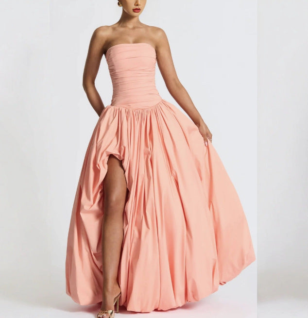 Strapless Solid Color Fashion Slit Maxi Dress for Women 3