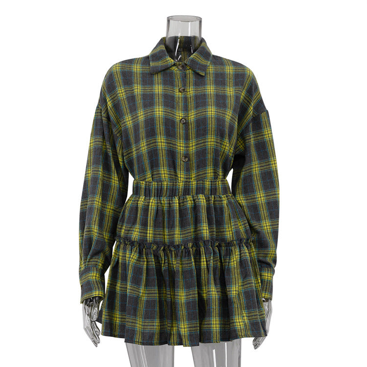 Women Plaid Long-sleeved Shirt and Pleated Skirt Two-piece Set 7