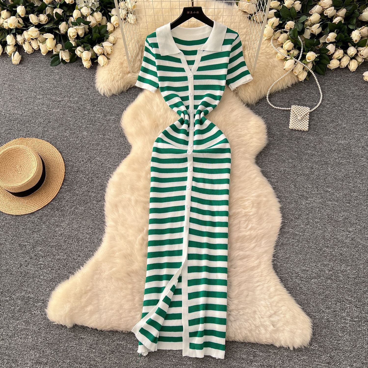 Women Metal Button Slit Knitting Dress 3