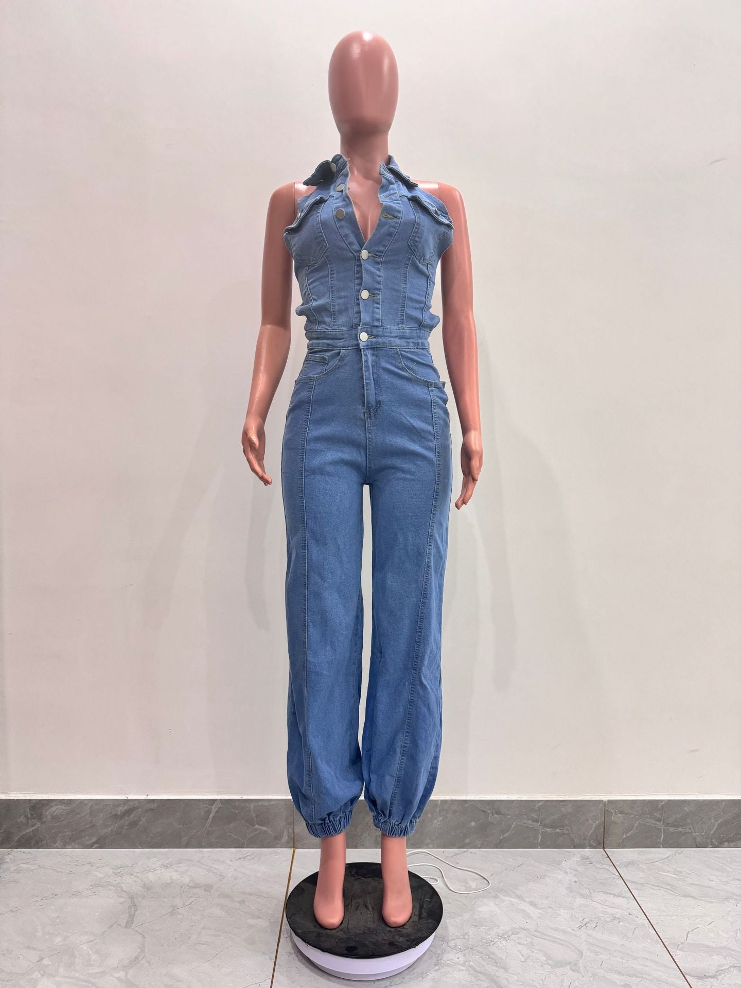 Sleeveless Low Back Washed High Stretch Casual Denim Jumpsuit 5