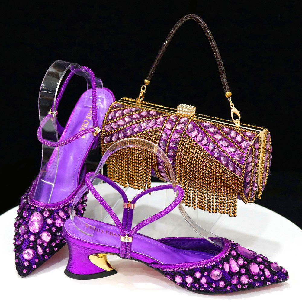 Comfortable Women's Pointed Toe Thin Strap Sandals Lace Diamonds Cylindrical Tassel Wedding Bag