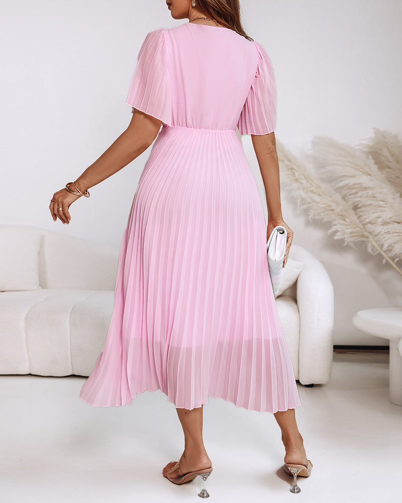 Flutter Sleeve Front Knot Slim Waist Pleated Midi Dress 3