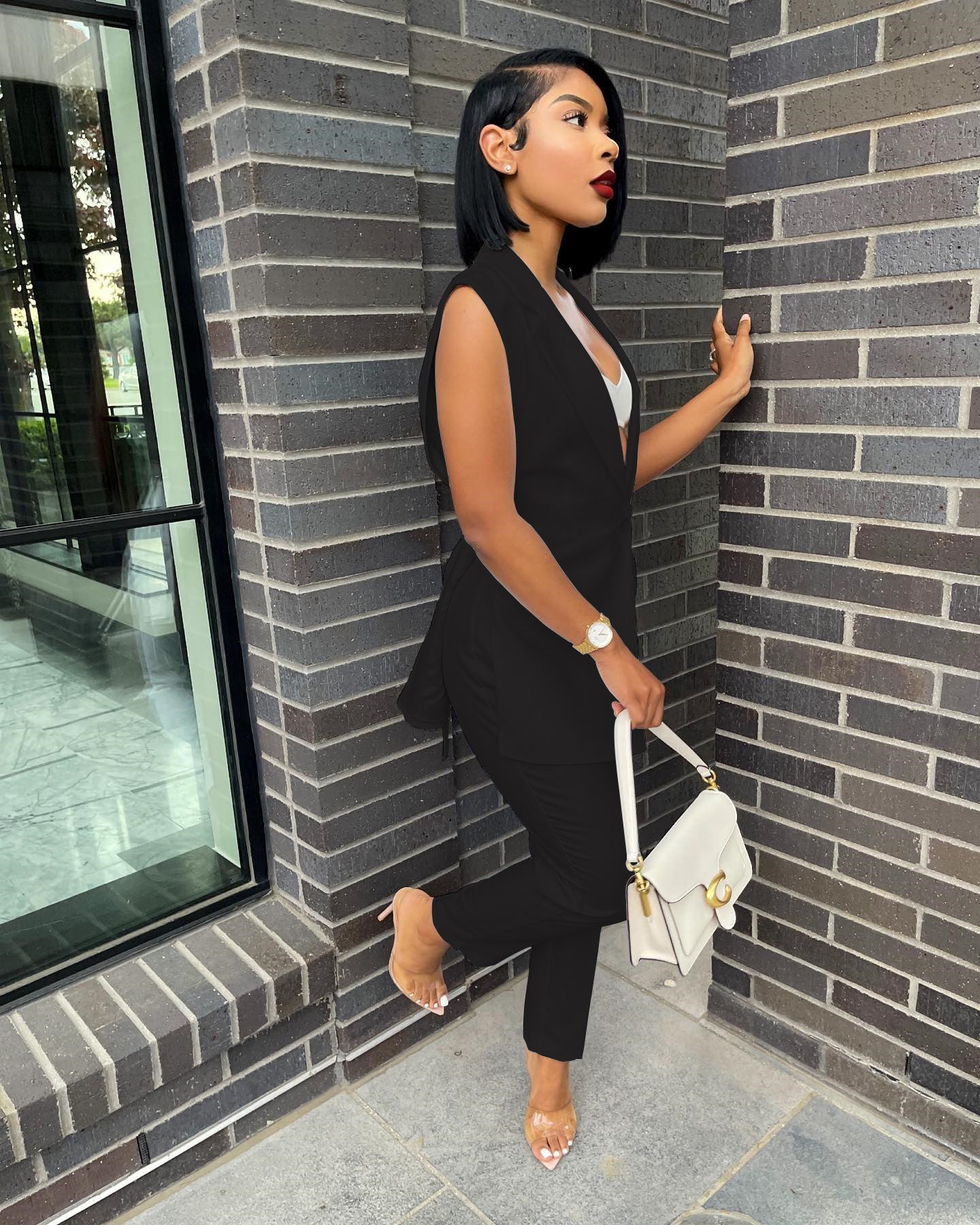 Women Casual Sleeveless Blazer and Pants Two Piece Set 15