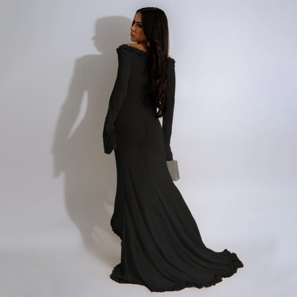 Solid Color See-Through Off Shoulder Long-Sleeved Sexy Long Dress 7