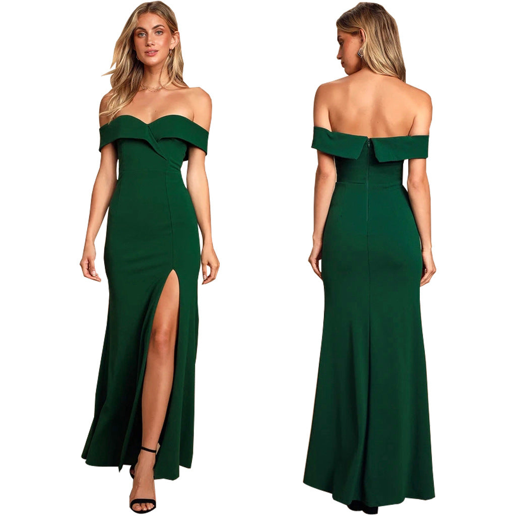 Women'S Sexy Fashion Solid Color Off Shoulder Slit Evening Dress 10