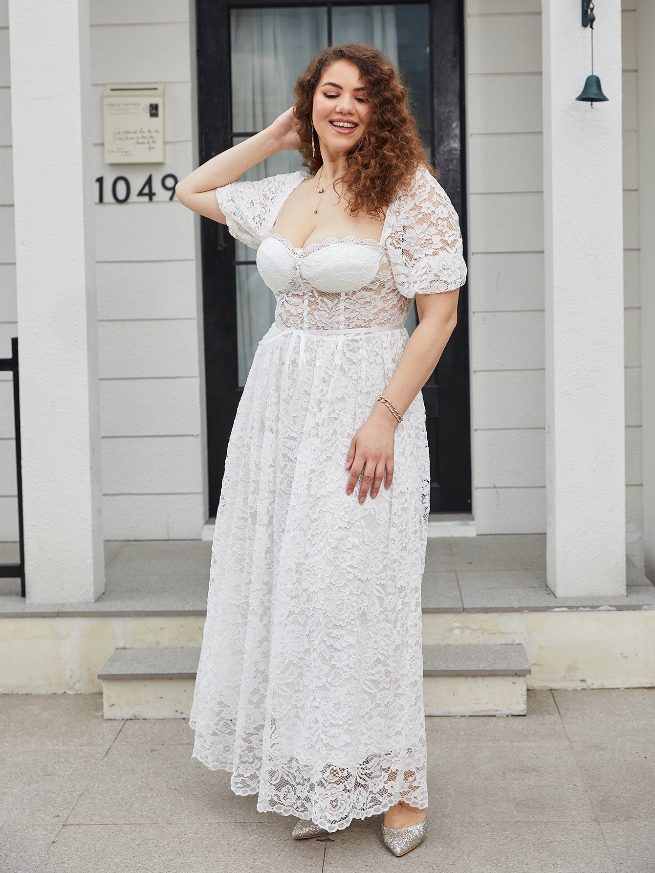Plus Size Dress Puff Sleeve Lace Prom Dress 5