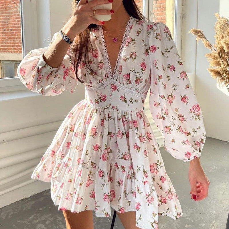 Women'S Fall Chic Sweet Floral Print V-Neck Puff Sleeve A-Line Dress