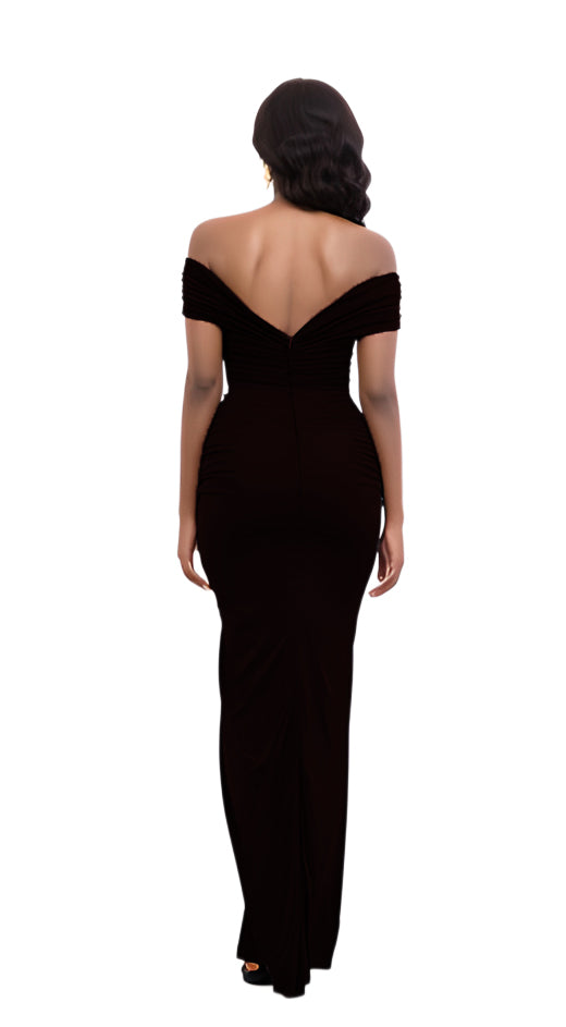 Solid Color Off Shoulder Slit Long Dress 8