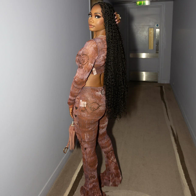 Women's Casual Micro-Transparent Sexy Slim Short Top & Long Pants Two Piece Set 4