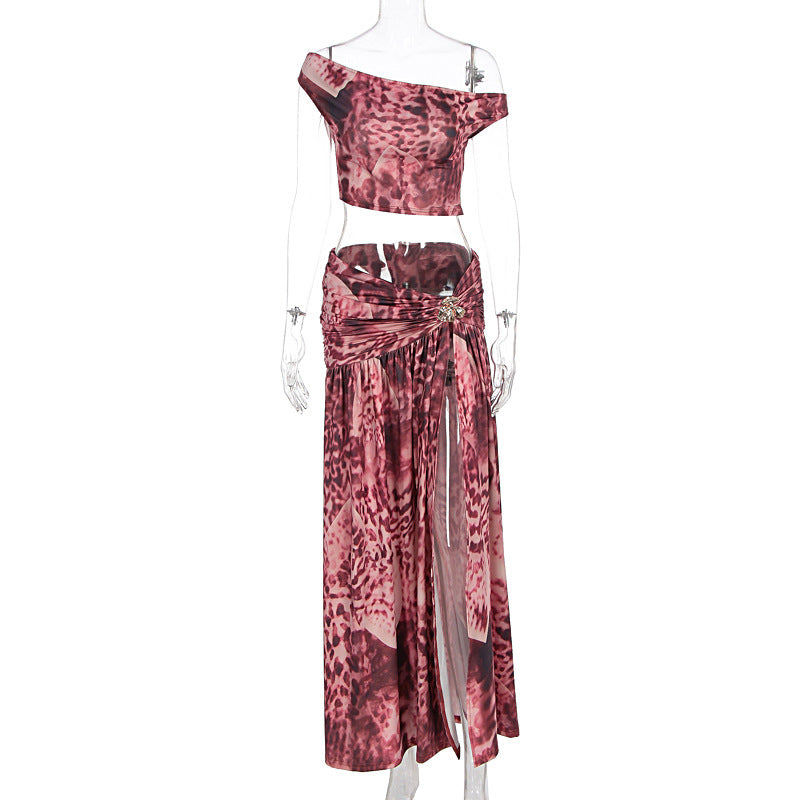Summer Sexy Slash Shoulder Print Top & Slit Skirt Set 7