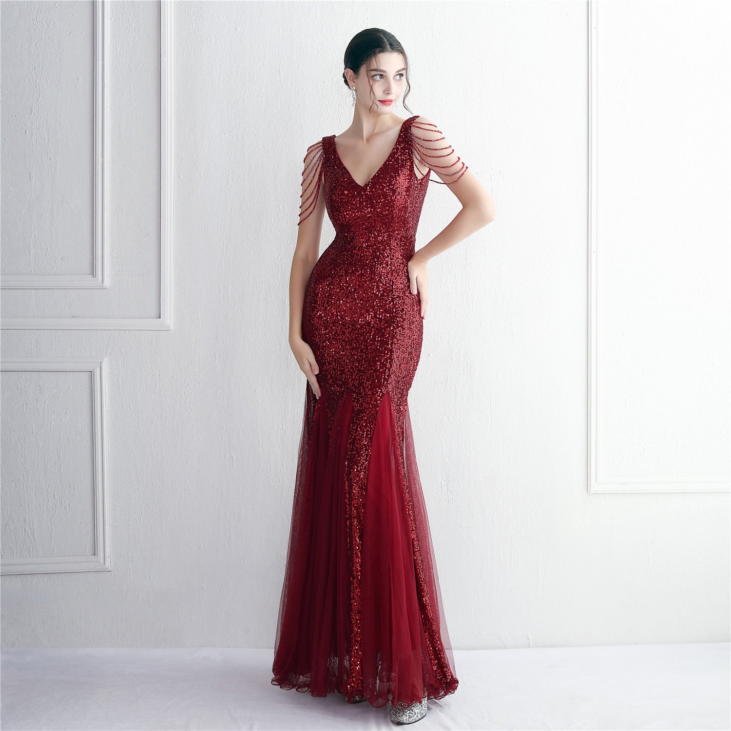 Beaded Mesh Evening Dress Long Formal Party Slim Evening Dress 15