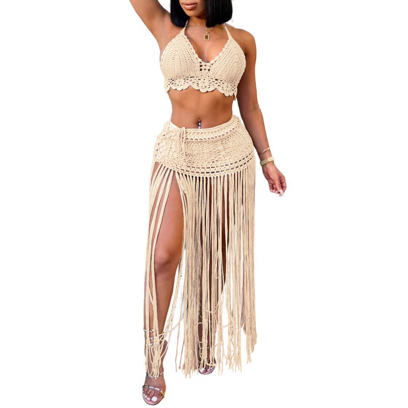 Women Beach Bikini Top and Fringed Skirt Two-piece Set 12