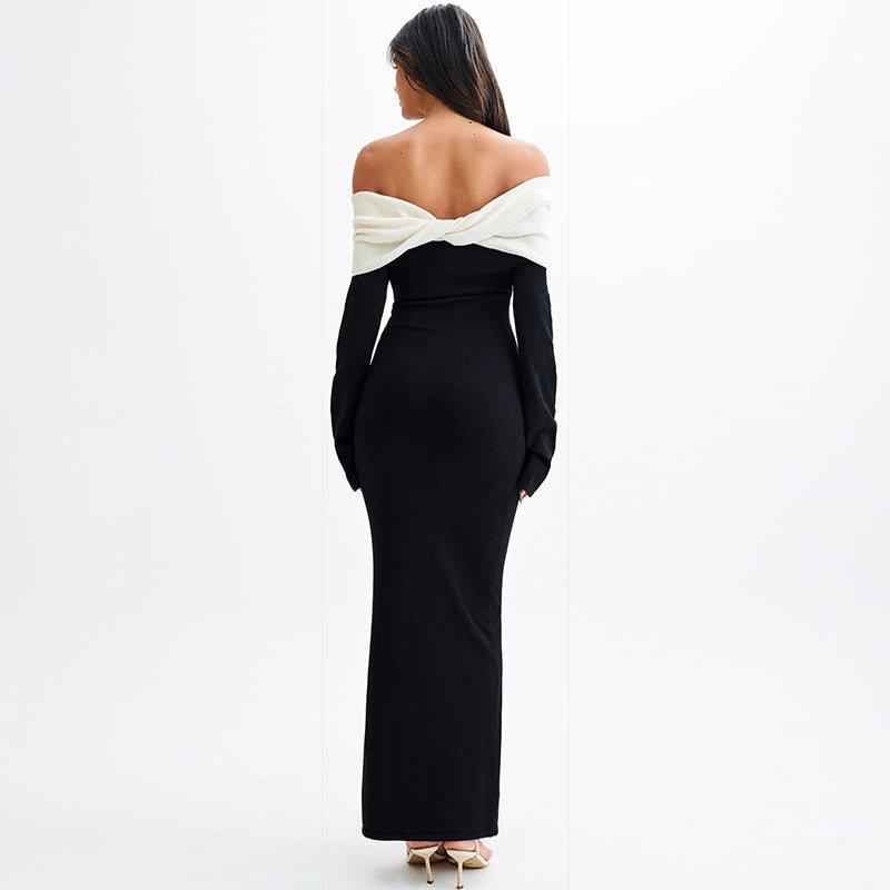 Autumn Fashion Chic Elegant Contrast Color Off Shoulder Long Sleeve High Waist Women Slim Dress 5