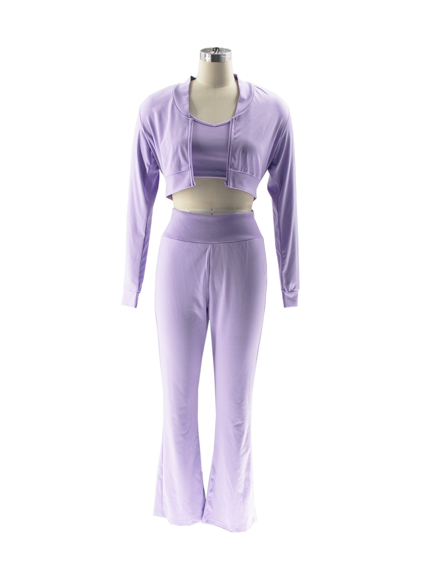 Women's Solid Color Long Sleeve Sexy Open Waist Casual Sports Three-Piece Pants Set 19