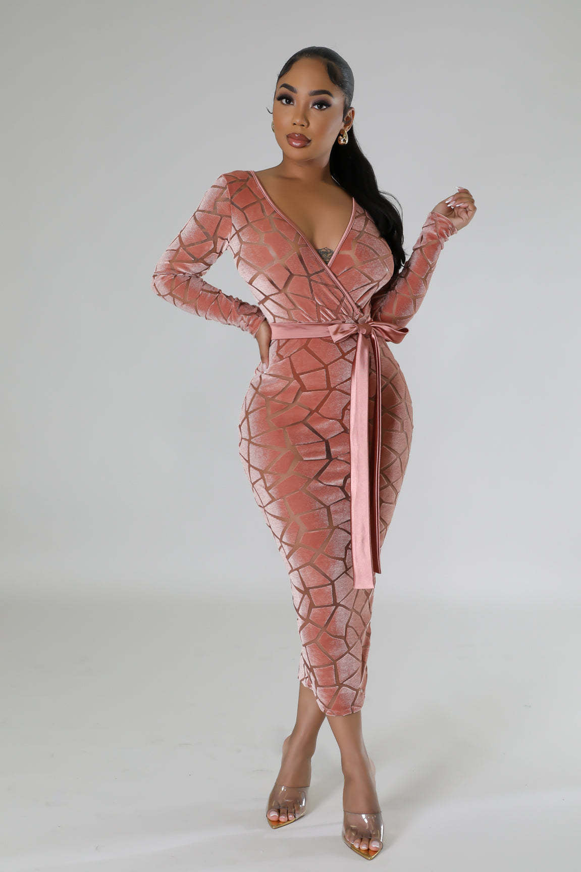 Women's Flocked Long Sleeve V-Neck Nightclub Dress