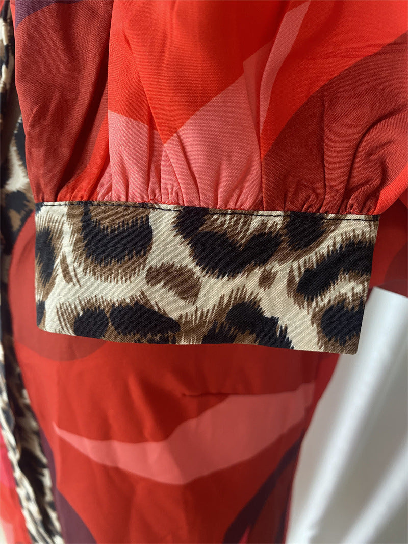 Women Autumn Printed Patchwork Button Casual Dress 9