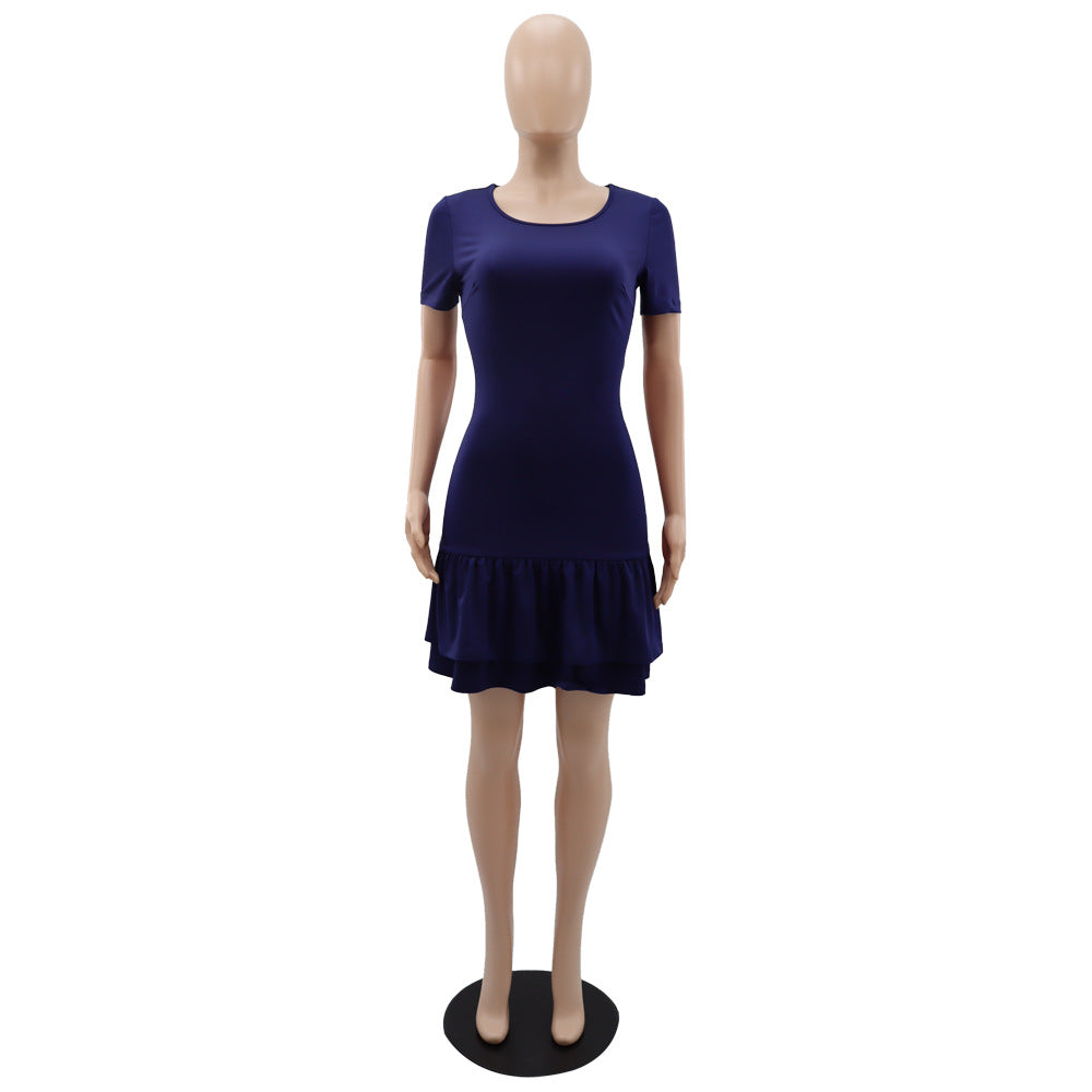 Solid Color Short Sleeve Back Lace-Up Chic Slim Ruffle Summer Dress 6