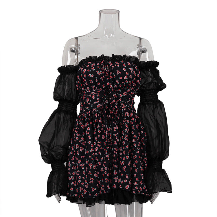 Mesh Patchwork Print Long Sleeve Off Shoulder Lace Sexy A-Line Dress 9